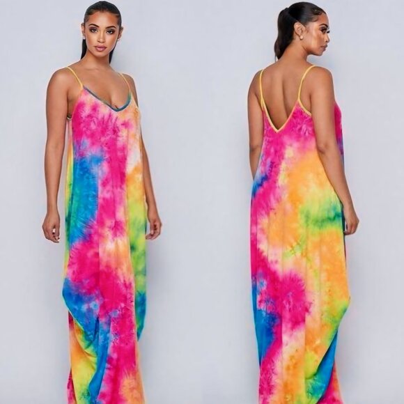 Women's Smokey Rainbow Tie-Dye Print Shirt Maxi Dress - Picture 2 of 3